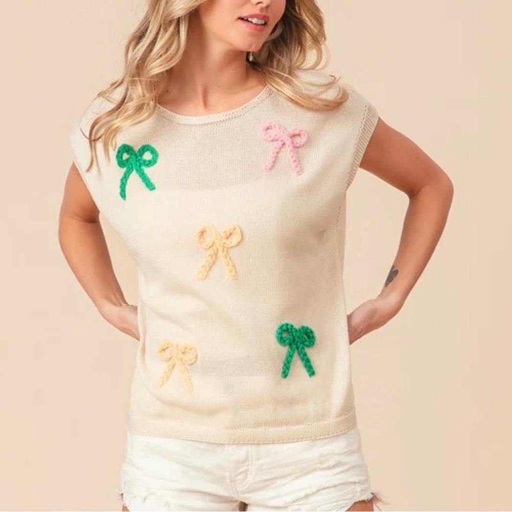 BiBi • Ivory Knit Ribbon Bow Sweater Top Size Medium